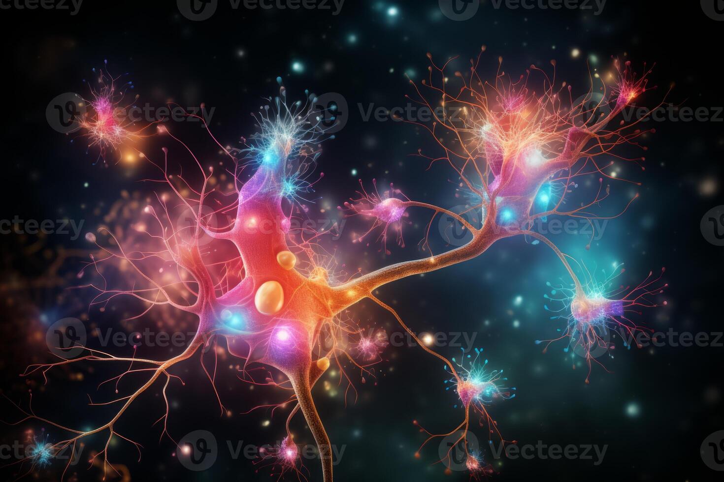 AI Generated Neuron cells neural network under microscope neuro research science brain signal information transfer human neurology mind mental impulse biology anatomy microbiology intelligence photo