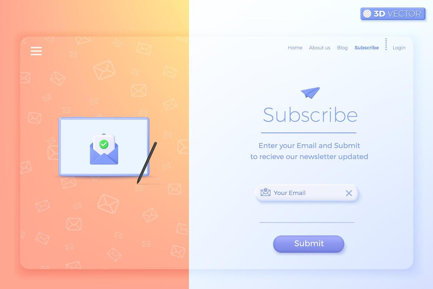 3D Subscribe to newsletter and promotions banner template. Invitation to join customer awareness. Email business marketing concept. 3D vector isolated illustration, Cartoon pastel Minimal style.
