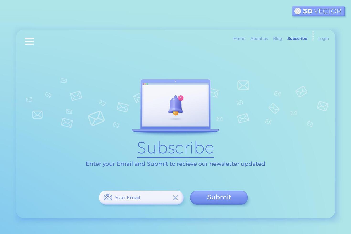 3D Subscribe to newsletter and promotions banner template. Invitation to join customer awareness. Email business marketing concept. 3D vector isolated illustration, Cartoon pastel Minimal style.