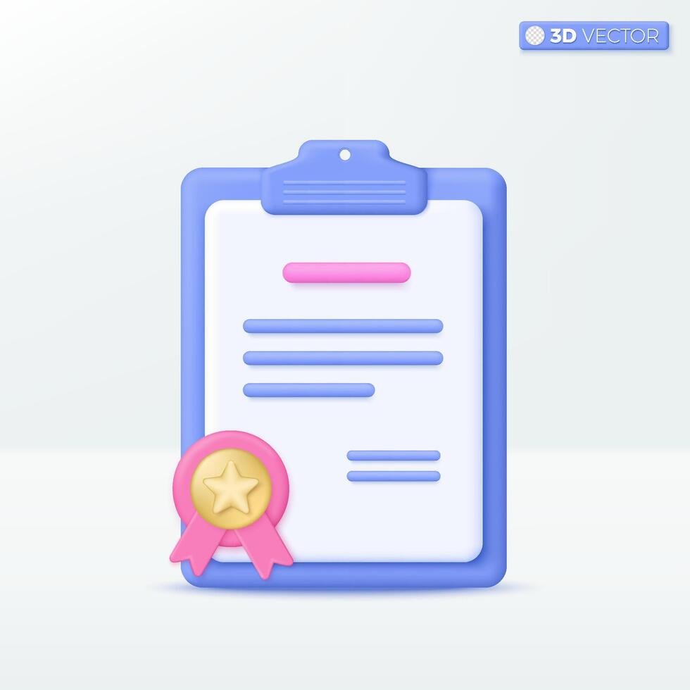 3d certificate or award on clipboard icon symbol. Gold star, Pink ribbon, archivement graduate college diploma, success education concept. vector isolated illustration, Cartoon pastel Minimal style.