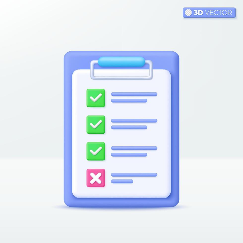 Checklist on 3D clipboard paper icon symbol. Document in test form, Questionnaire with notes, Planning and organization of work concept. 3D vector isolated illustration, Cartoon pastel Minimal style.