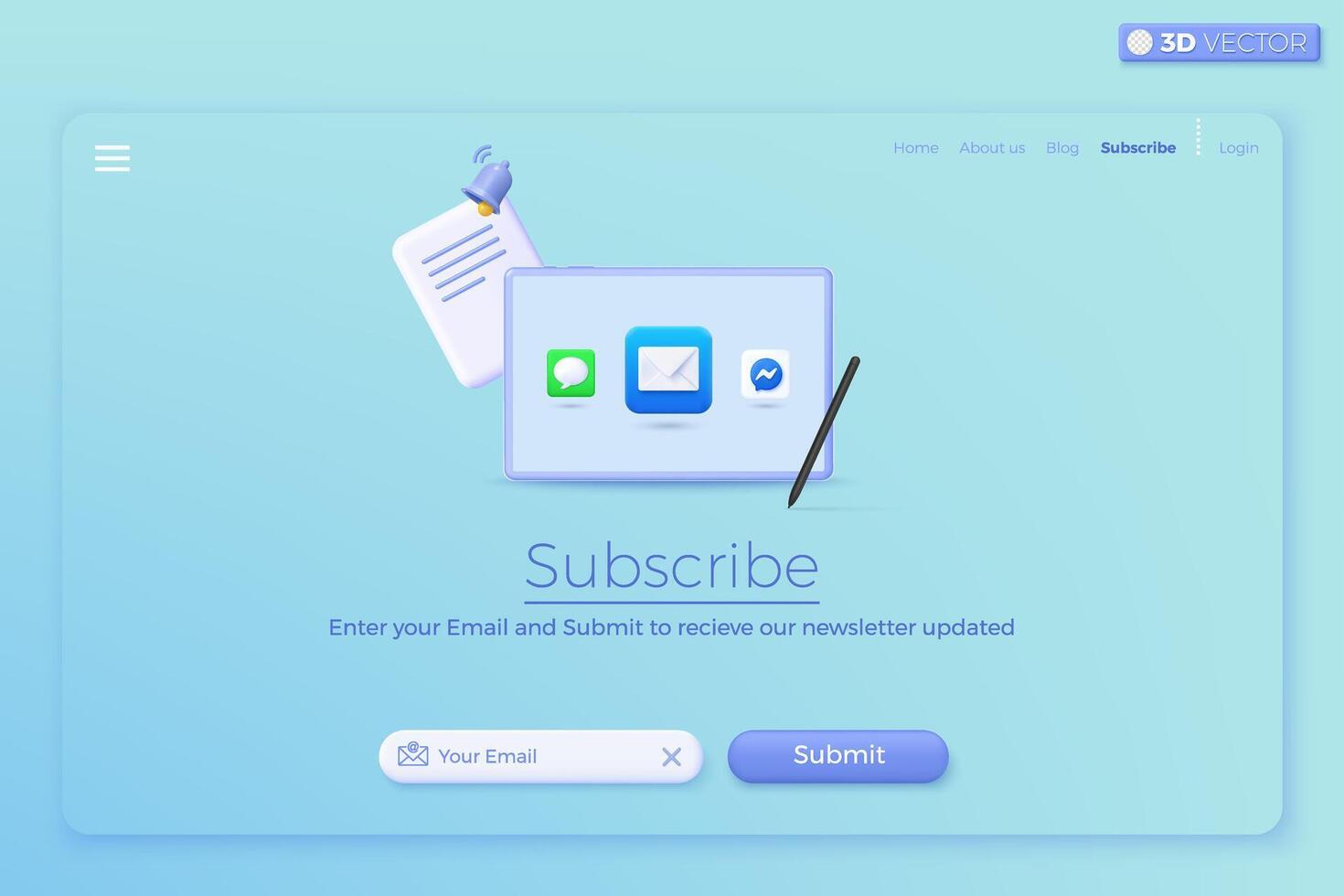 3D Subscribe to newsletter and promotions banner template. Invitation to join customer awareness. Email business marketing concept. 3D vector isolated illustration, Cartoon pastel Minimal style.