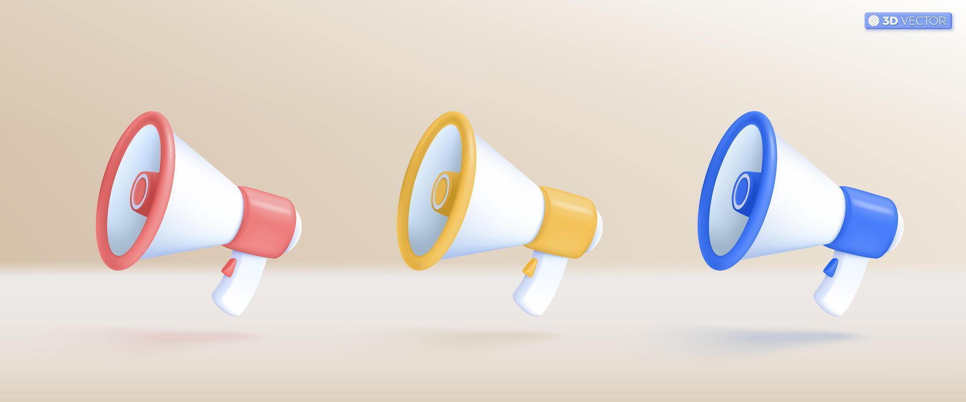 3d megaphone speaker set of multicolored icon symbol. loudspeaker bullhorn for announce discount promotion, sell reduced prices concept. 3D vector isolated illustration, Cartoon pastel Minimal style.
