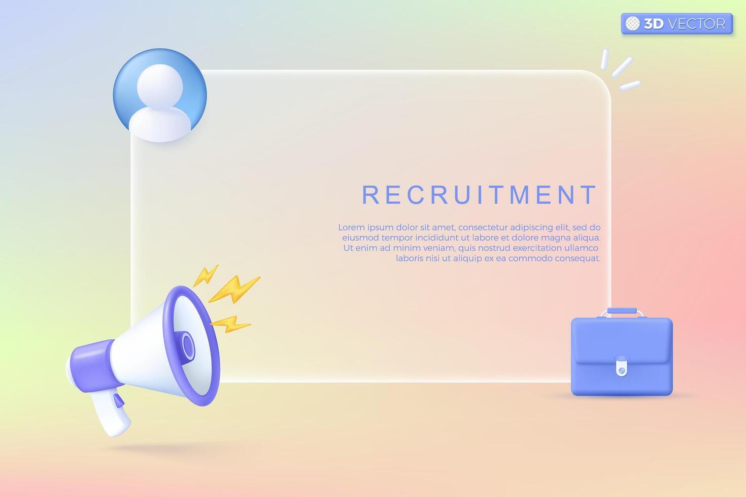 3d megaphone speaker with bag icon symbol. loudspeaker announce hiring, join our team, great job, volunteer, Recruitment employee concept. 3D vector isolated illustration, Cartoon pastel Minimal style