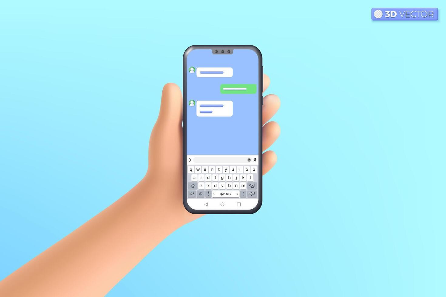 3d hand holding mobile phone chat application icon symbol. Chatting message, QWERTY, Speech bubble, Instant messenger template concept. 3D vector isolated illustration, Cartoon pastel Minimal style.