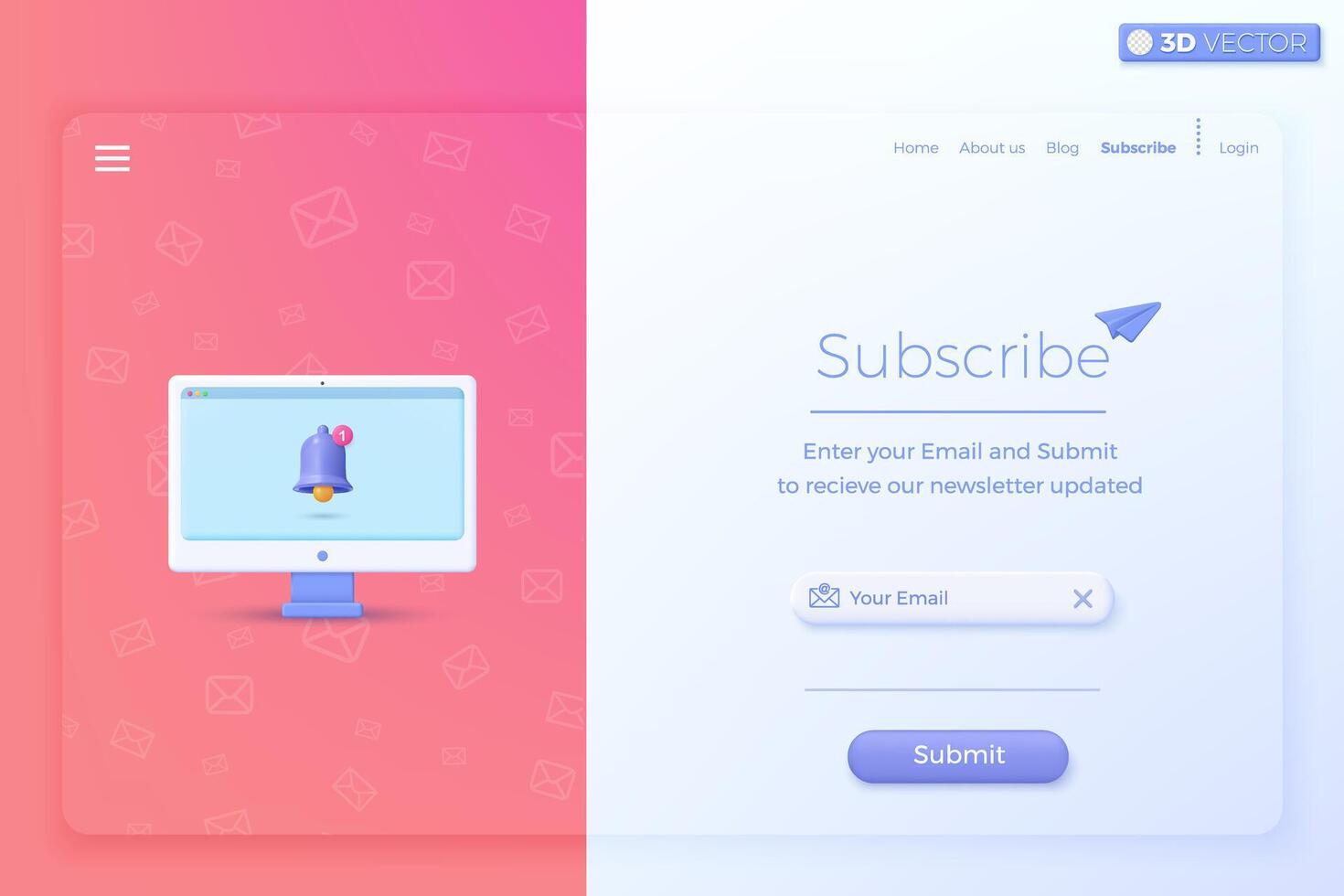 3D Subscribe to newsletter and promotions banner template. Invitation to join customer awareness. Email business marketing concept. 3D vector isolated illustration, Cartoon pastel Minimal style.