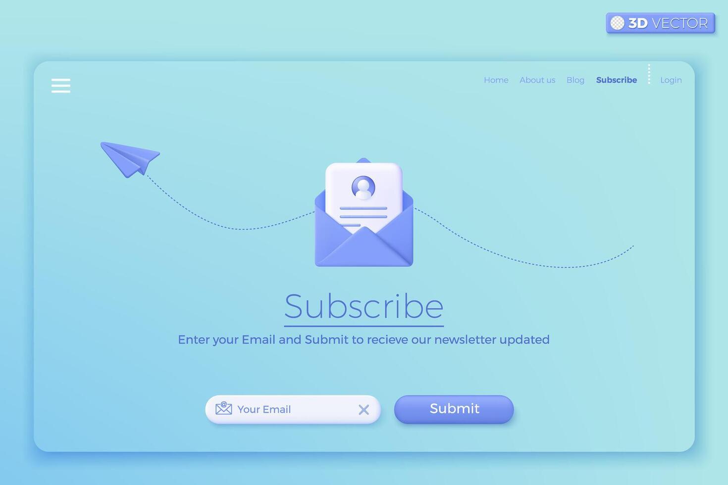 3D Subscribe to newsletter and promotions banner template. Invitation to join customer awareness. Email business marketing concept. 3D vector isolated illustration, Cartoon pastel Minimal style.