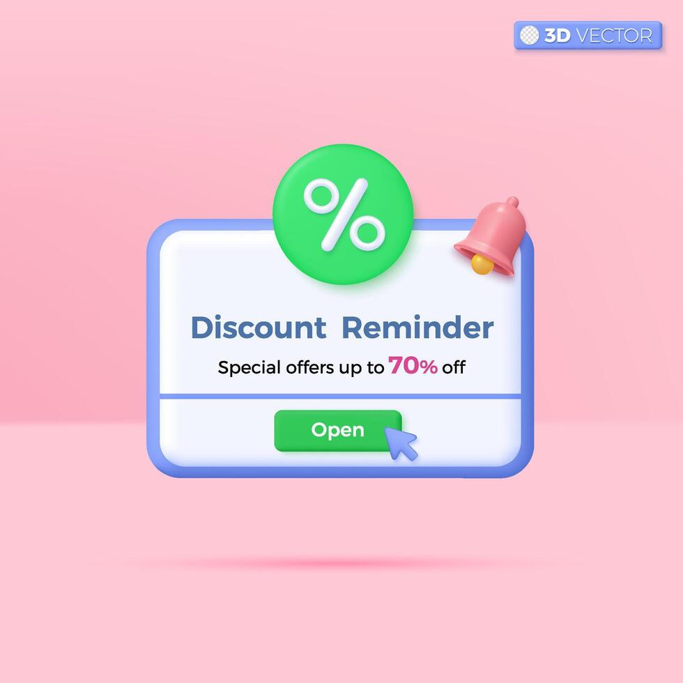 Discount Reminder Notifications banner icon symbols. pop up box with percent sign and pink bell. gift coupon, purchase or subscription concept. 3D vector isolated illustration. Cartoon pastel Minimal.