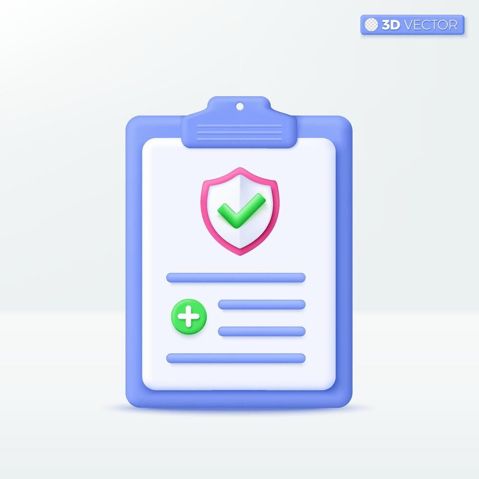 Insurance Policy on clipboard icon symbol. Health insurance, Guarantee Business, Healthcare, finance and medical service concept. 3D vector isolated illustration, Cartoon pastel Minimal style.