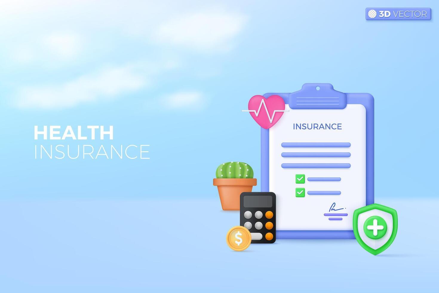 Health Insurance Policy on clipboard icon symbol. Health insurance, Guarantee Business, Healthcare, finance and medical service concept. 3D vector isolated illustration, Cartoon pastel Minimal style.