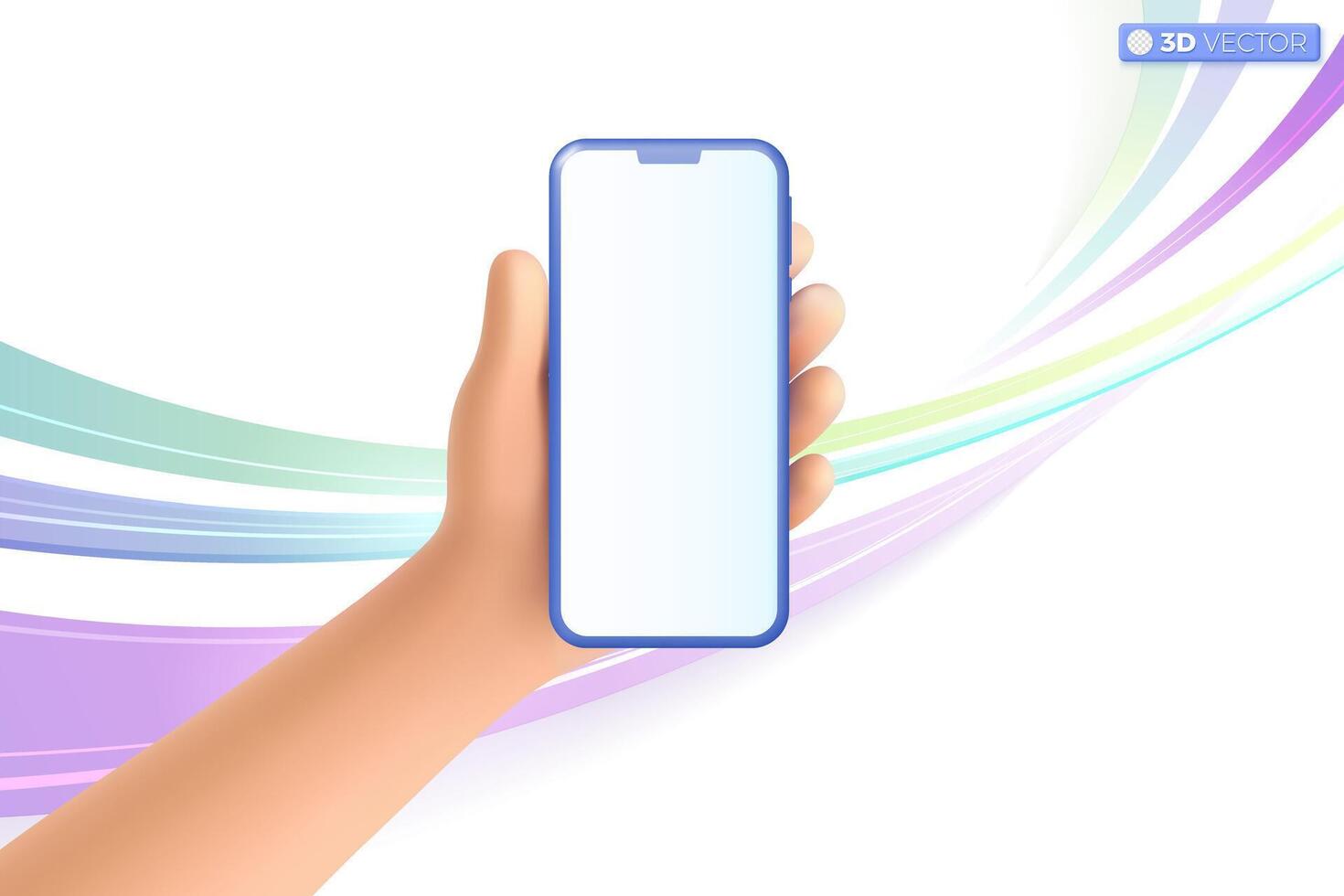 3d hand holding mobile phone icon symbol. Realistic smartphone with empty screen on abstract background, Phone mockup template concept. 3D vector isolated illustration, Cartoon pastel Minimal style.