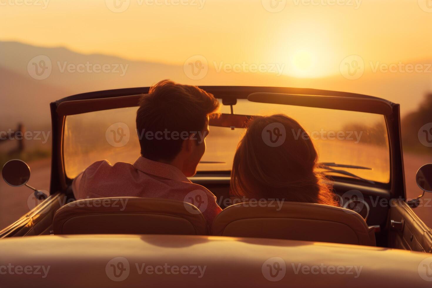 AI Generated Back view happy unrecognizable couple girlfriend boyfriend together enjoying romantic dating ride road trip tour driving convertible car sunset sunlight traveling summer time holidays photo
