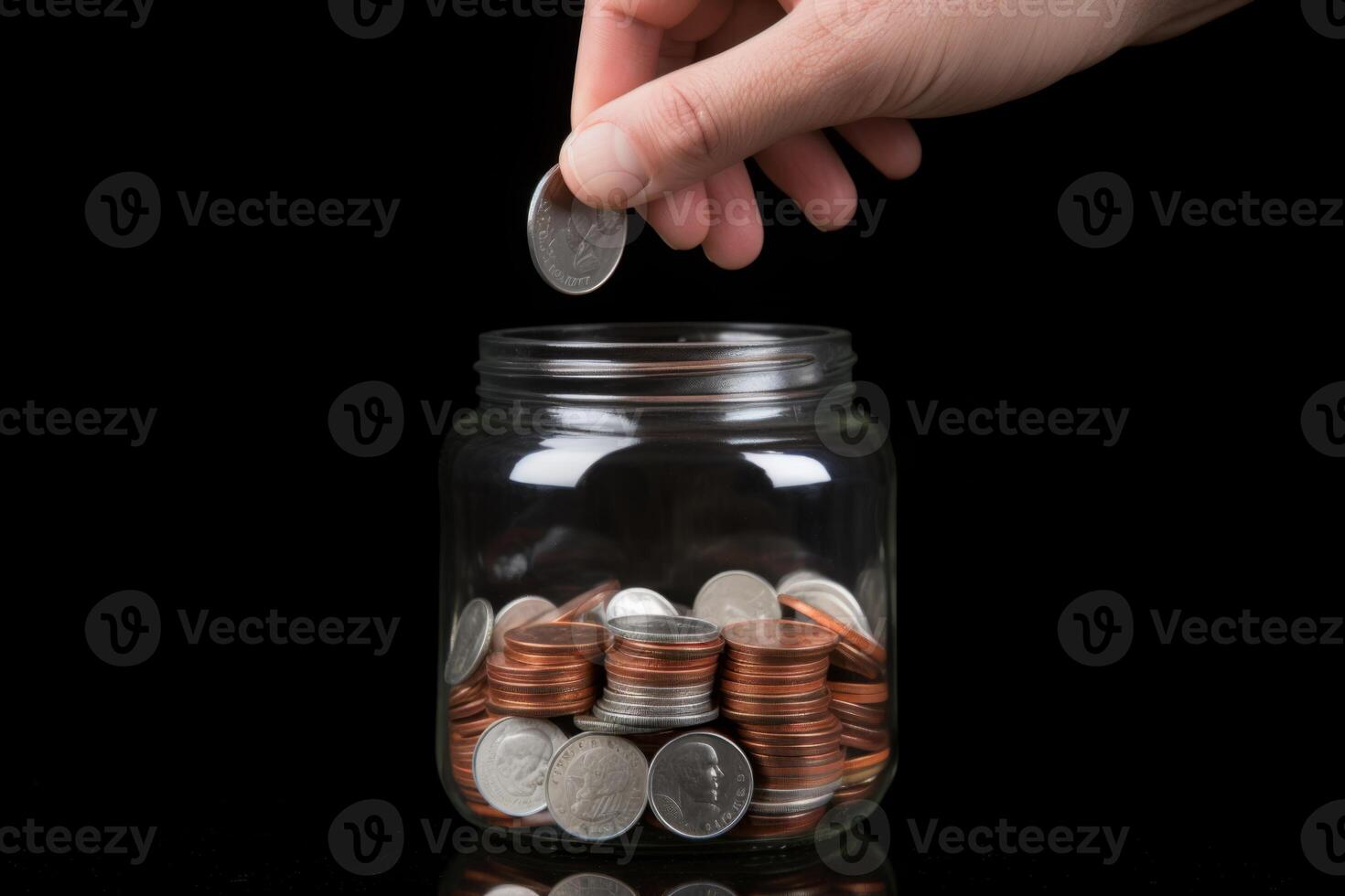 AI Generated Hand putting coins into full glass jar put save money future investment saving cost financial plans currency inflation volatility coin economy funding calculating expenses budget planning photo