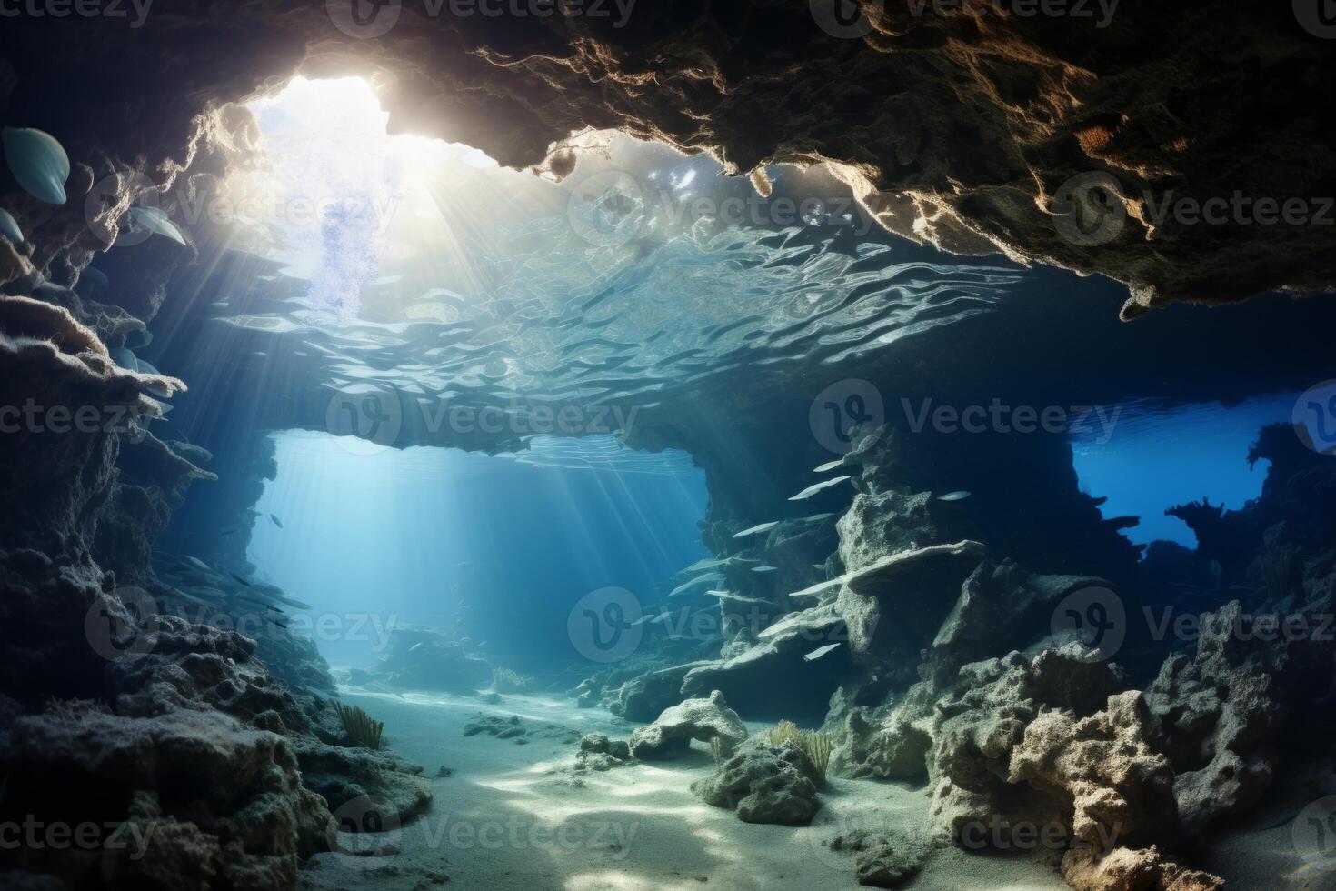 AI Generated Beautiful ancient aquatic life landscape deep underwater coral reef sunshine penetrate caves dive sea scuba exploring analysis research fish. Atlantic Ocean seafloor watery abyss photo