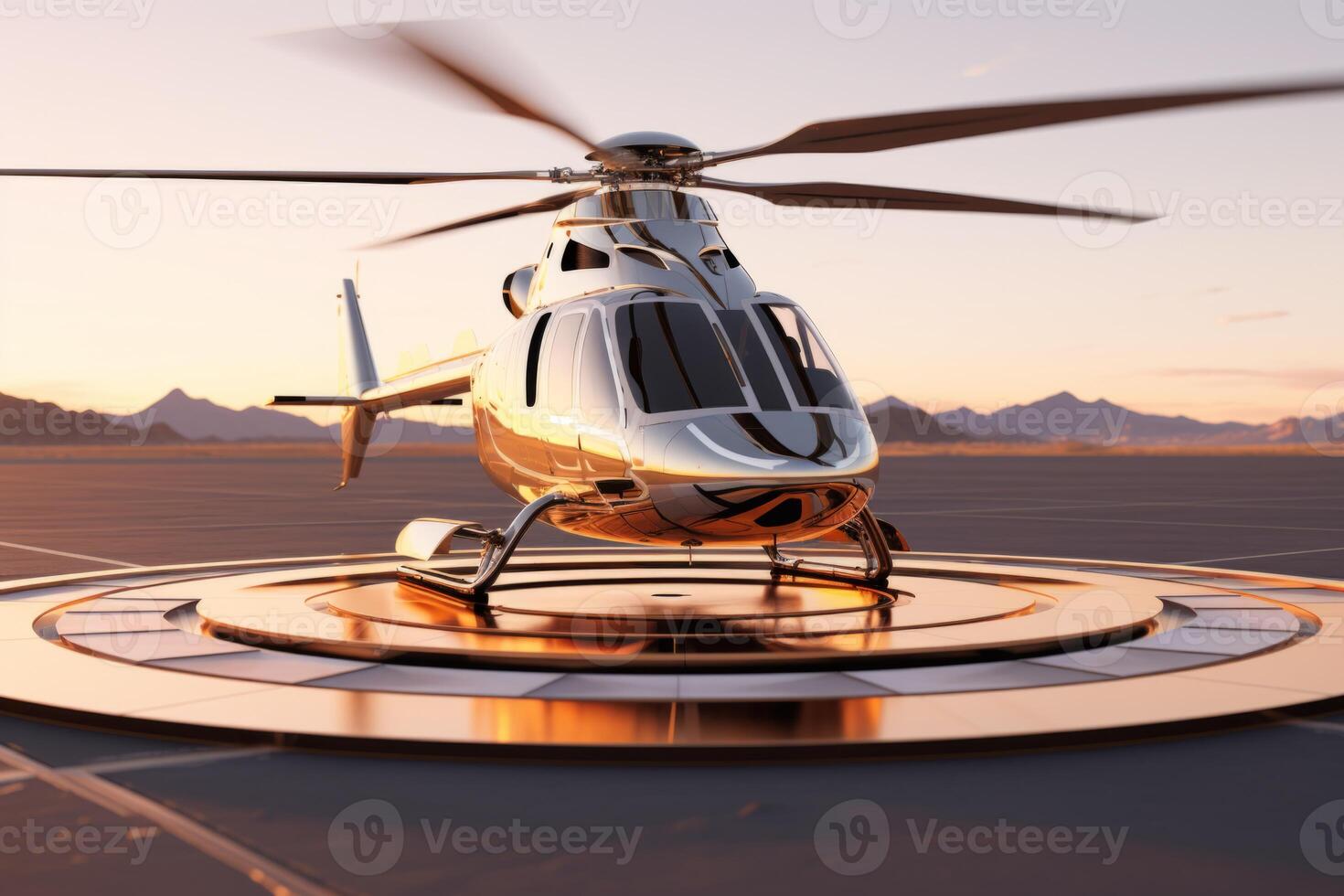 AI Generated Luxury luxurious business helicopter private heli chopper on landing pad fast transportation success journey rich wealth corporate flight fly flying sky ground horizon sun clouds landing photo