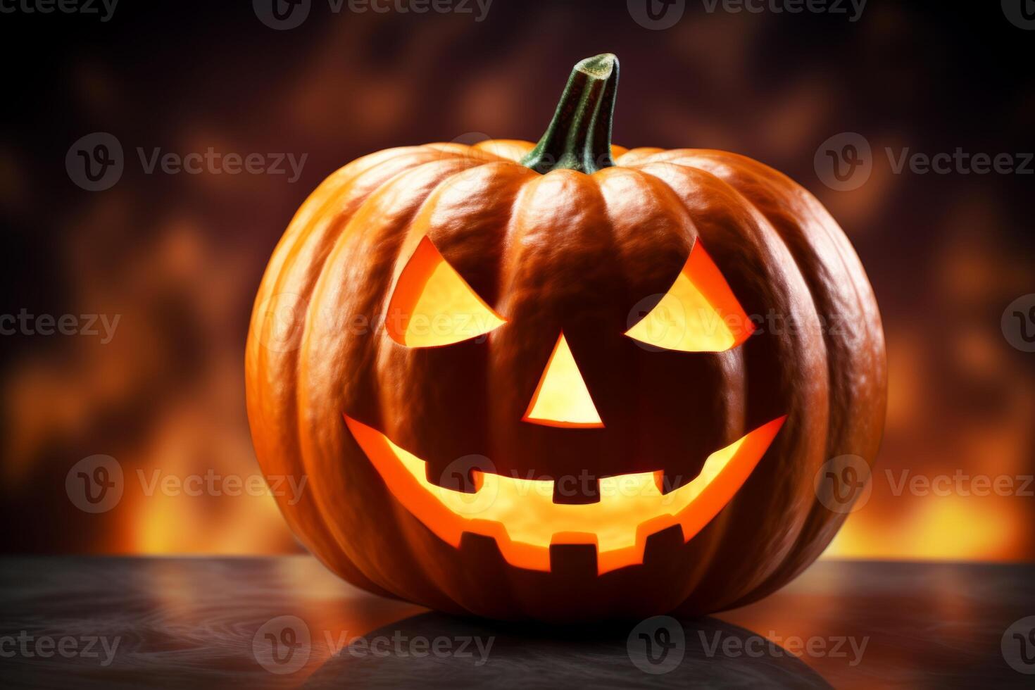 AI Generated Happy Halloween party Jack O Lantern orange pumpkin scary spooky creepy carving evil smile angry face glowing. Trick treat holiday dark mysterious night eerie horror October nightmare photo