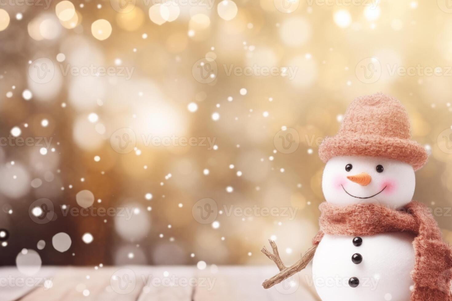 AI Generated Christmas winter smiling happy snowman frosty snow new year celebration holiday cute decoration greeting december eve face funny white snowball with scarf hat carrot xmas festivity shiny photo