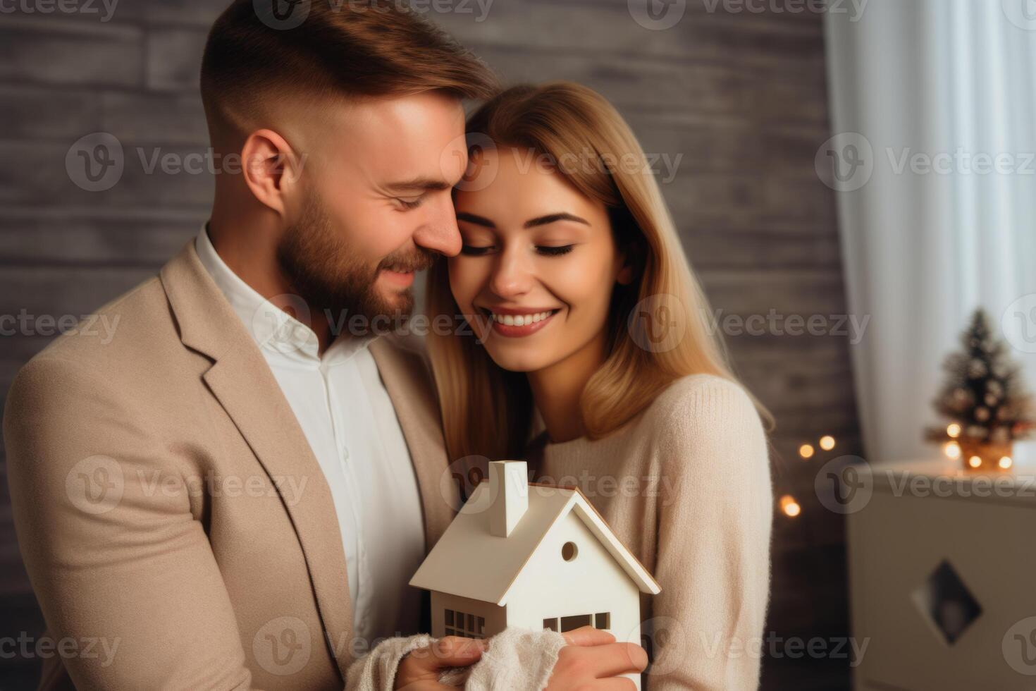 AI Generated Portrait happy smiling romantic couple boyfriend girlfriend family dreaming holding house model indoors. Real estate investing private property mortgage rent apartment sale buying flat photo