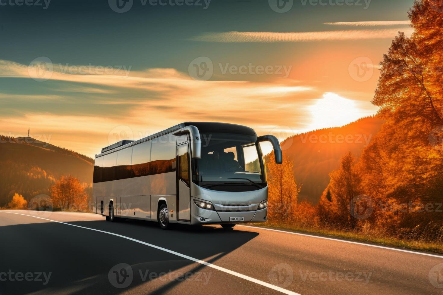AI Generated Touristic coach bus on highway road intercity regional domestic transportation driving urban modern tour traveling travel journey ride moving transport concept public comfortable photo