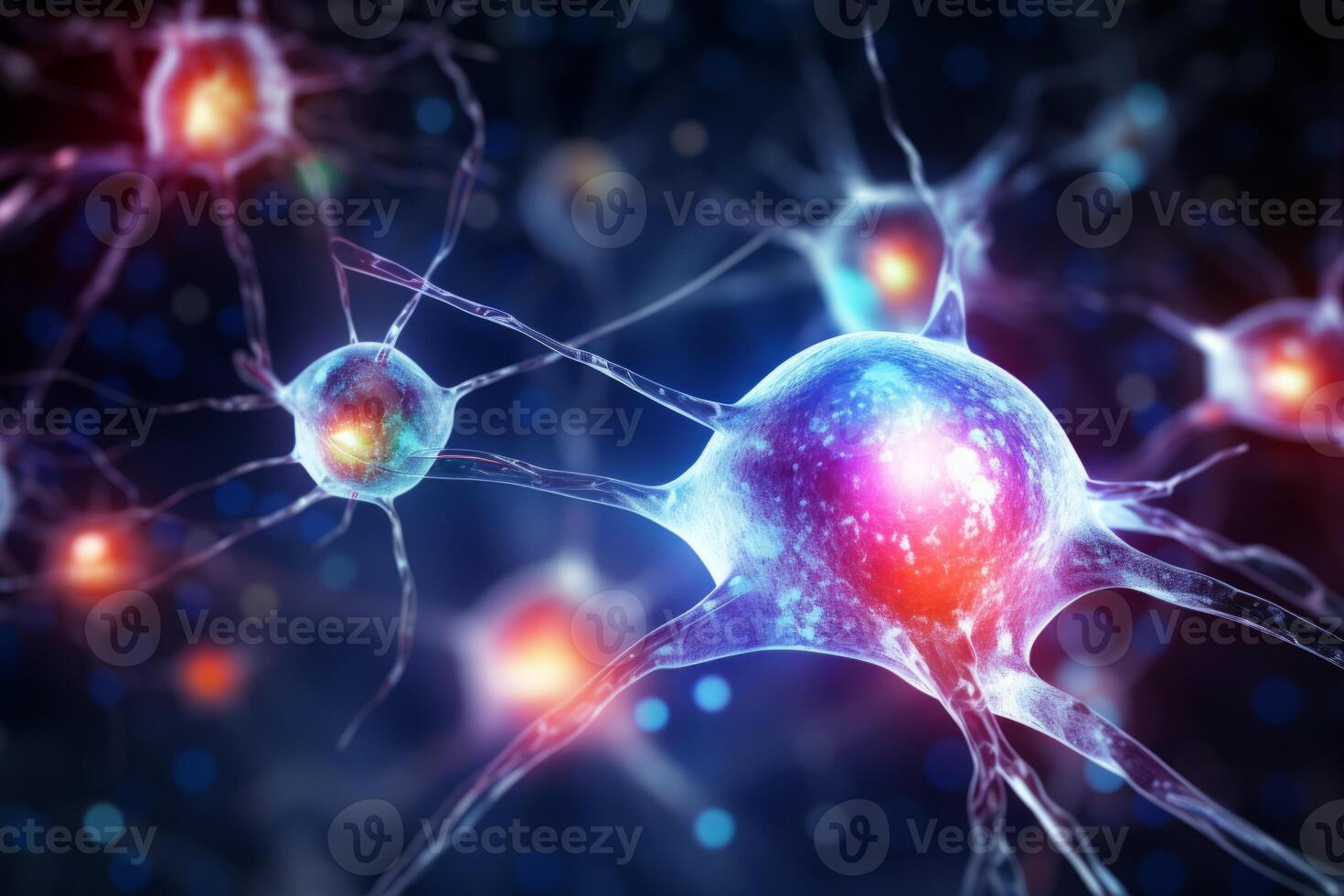 AI Generated Neuron cells neural network under microscope neuro research science brain signal information transfer human neurology mind mental impulse biology anatomy microbiology intelligence photo