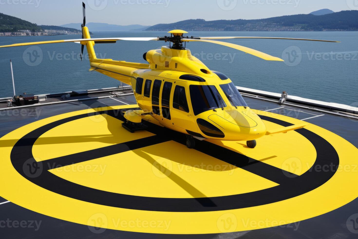AI Generated Luxury luxurious business helicopter private heli chopper on landing pad fast transportation success journey rich wealth corporate flight fly flying sky ground horizon sun clouds landing photo