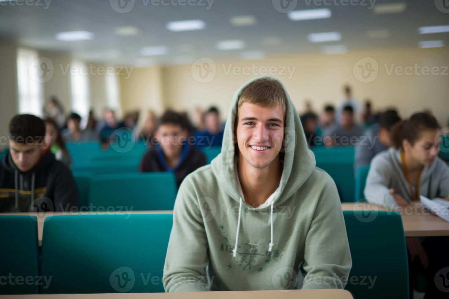 AI Generated Happy male student young man guy at table sit in class university high school college classroom during lesson lecture education studies study learning listening teacher professor teen photo