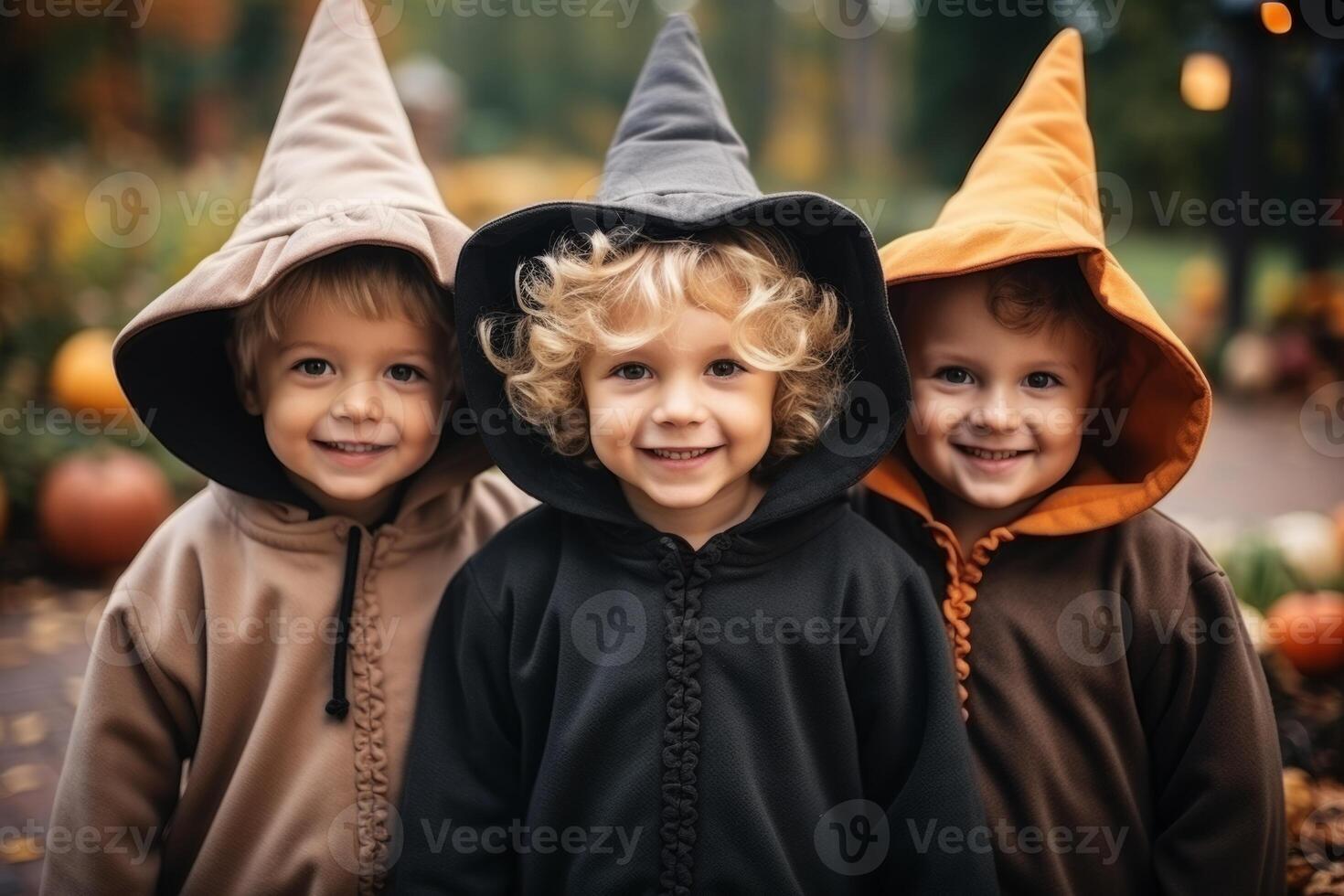 AI Generated Portrait group joyful funny toddler kids little cute children boys girls friends dresses crazy witch spooky costumes posing. Happy Halloween party pumpkins trick treat night outdoors photo