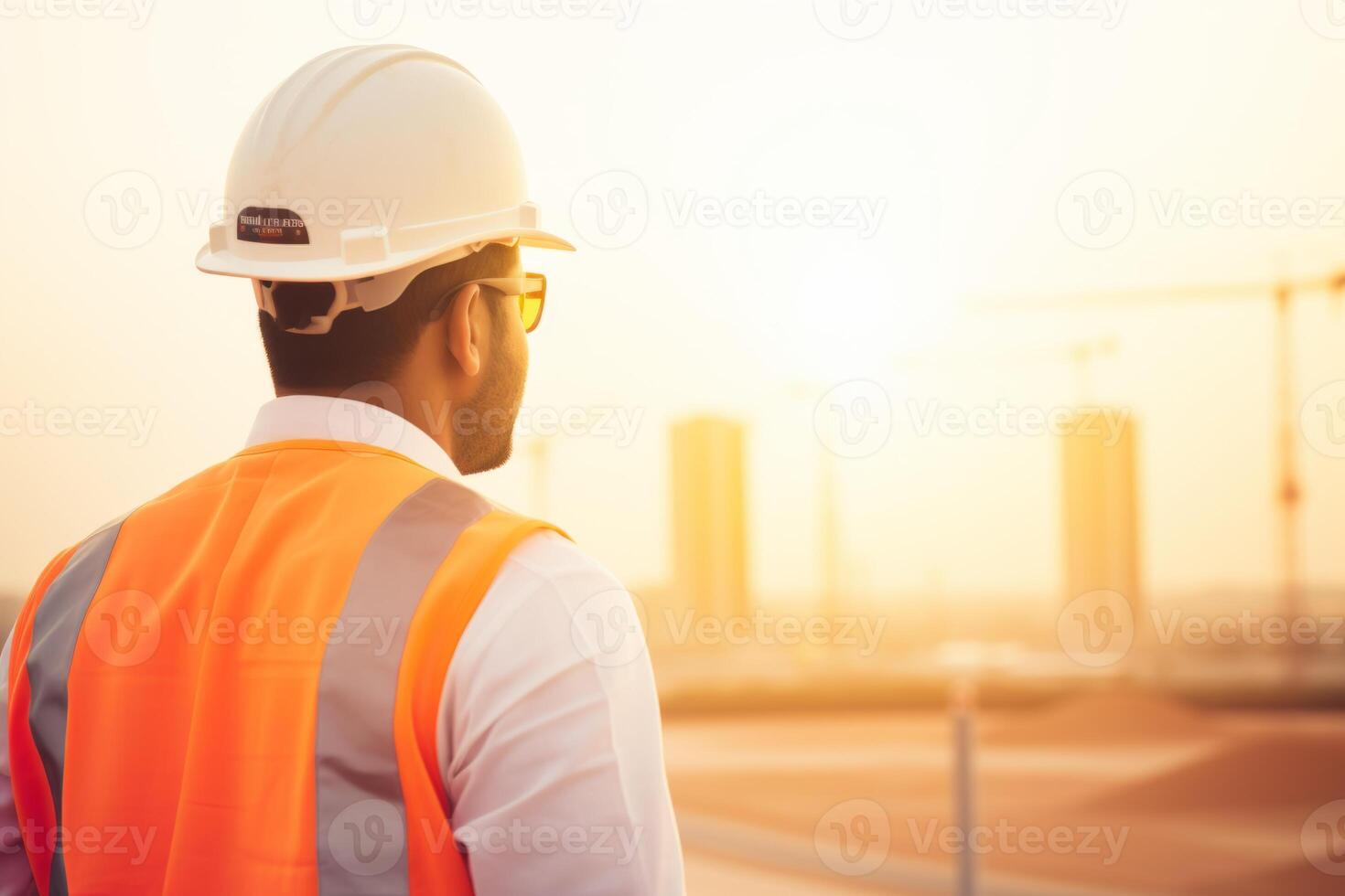 AI Generated Back view thoughtful worker engineer silhouette against building construction gas oil pump industry equipment storage tank sunset evening time. Pipelines environment ecology pollution photo