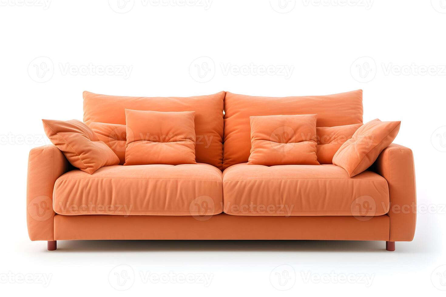 AI generated soft empty peach-colored sofa stands on white isolated background, comfortable fabric couch is alone against the background of white wall, copy space photo