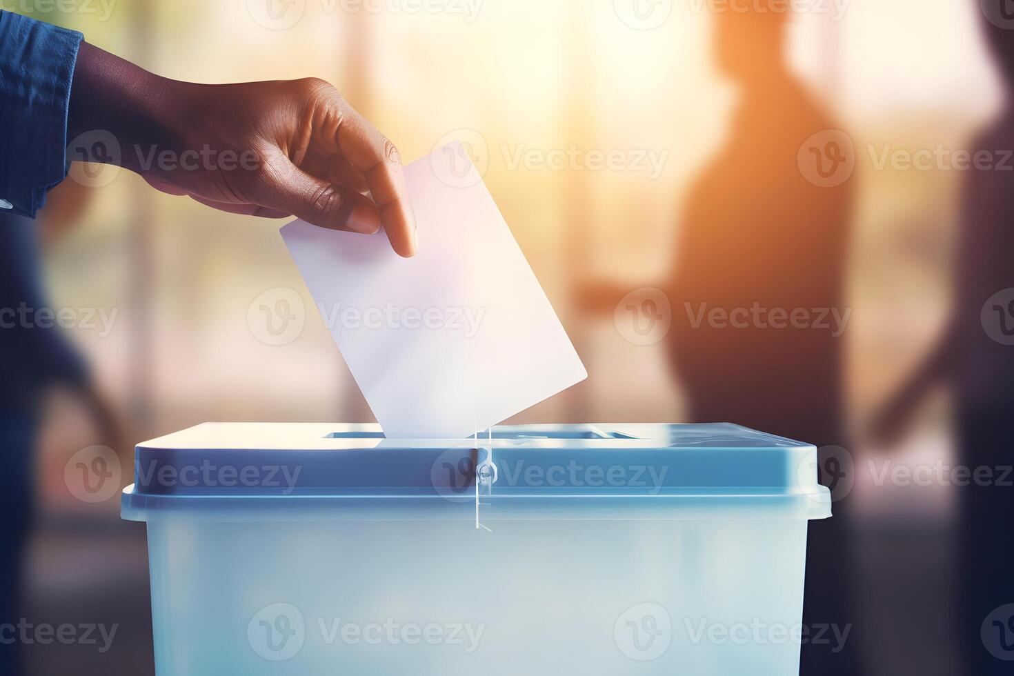 AI generated Hand of a person casting a vote into the ballot box during elections photo