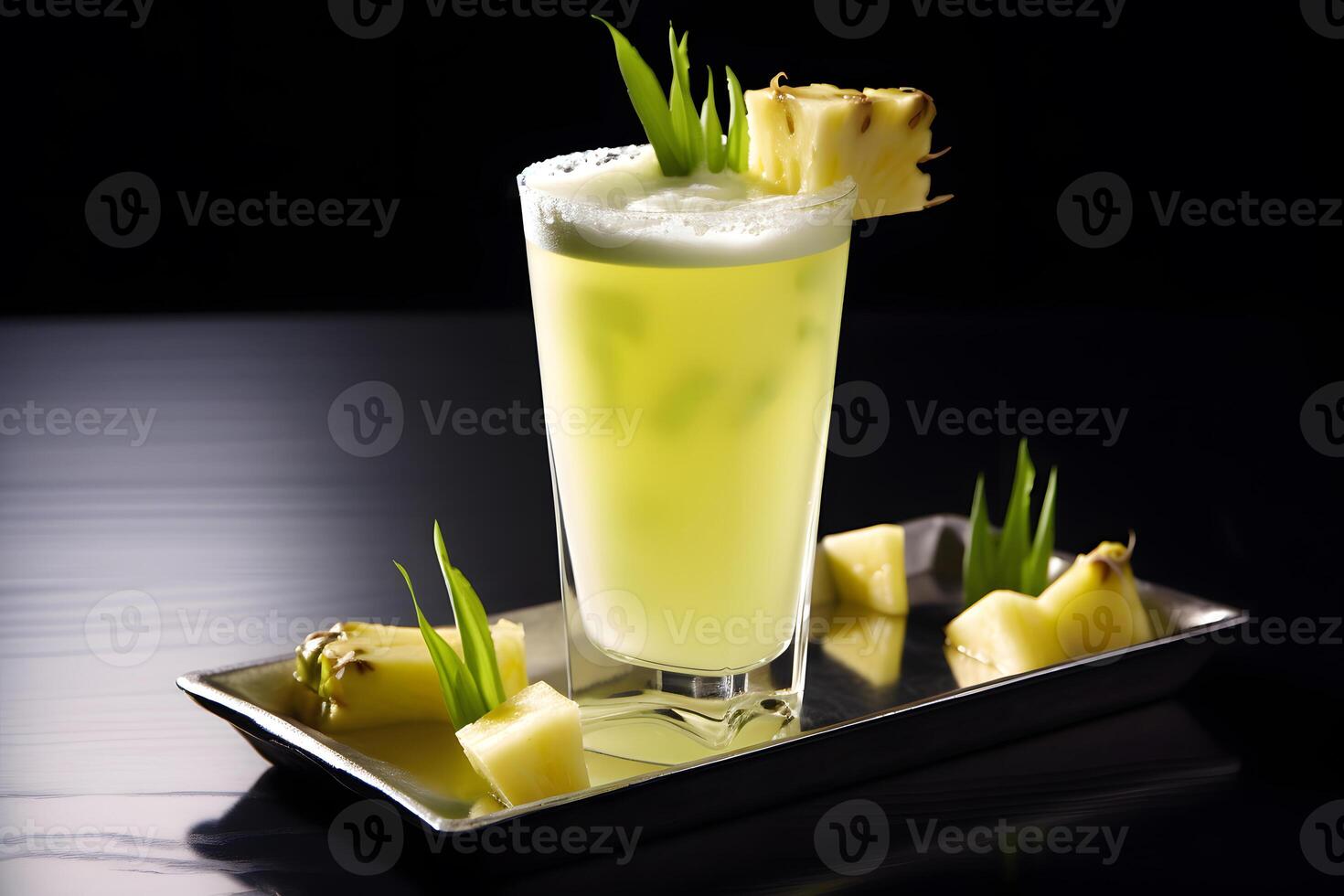 AI generated pineapple liqueur, refreshing drink. Dark background. photo