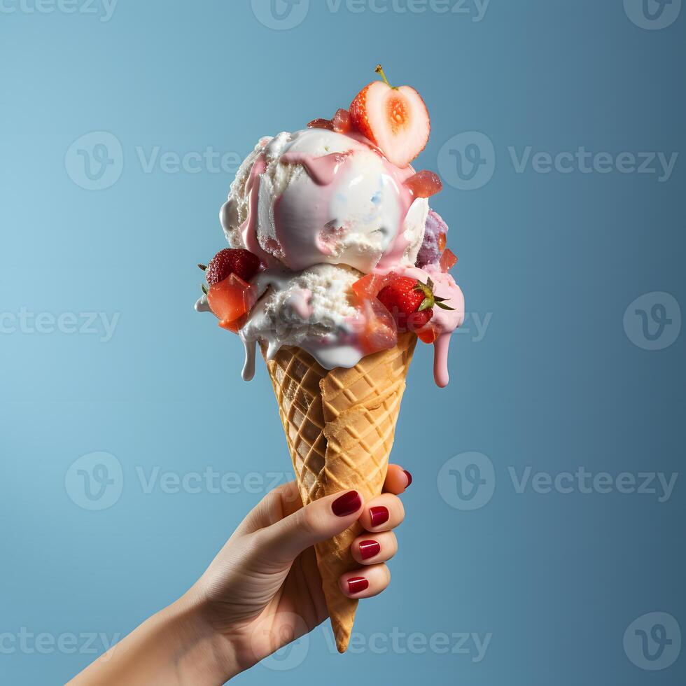 AI generated Ice cream cone on a blue background. The woman holding the ice cream by hand. photo