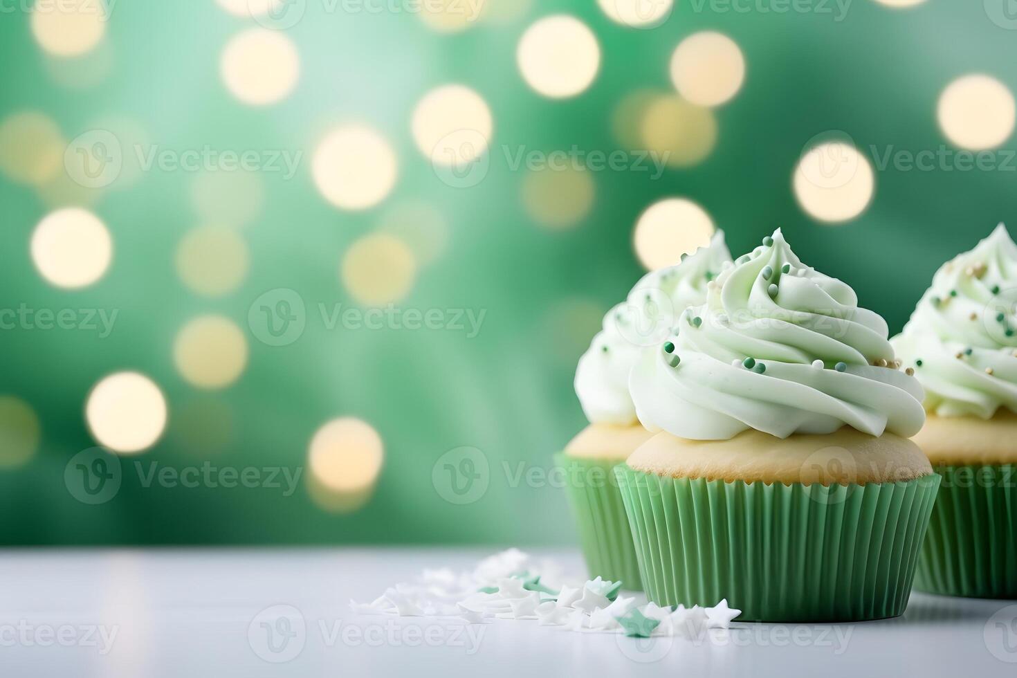 AI generated Delicious decorated cupcakes on light table. St. Patrick's Day celebration. A banner with a place for the text. photo