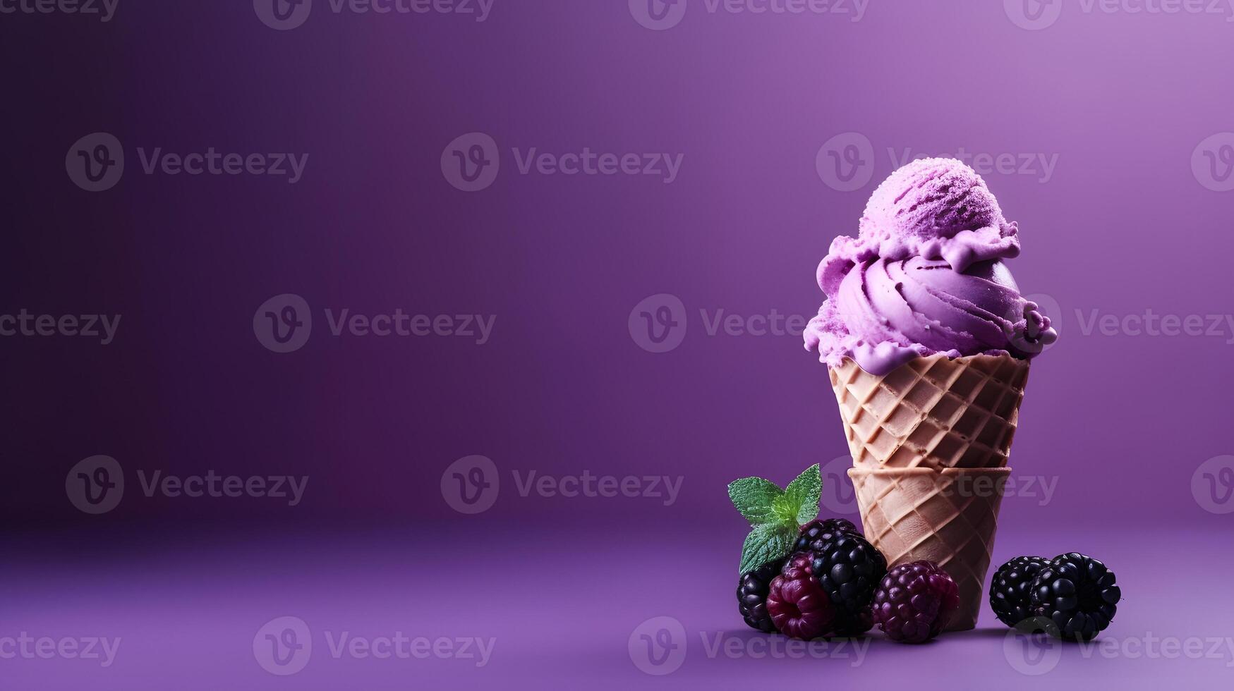 AI generated Blackberry ice cream with mint in waffle cone on purple background, copy space. photo