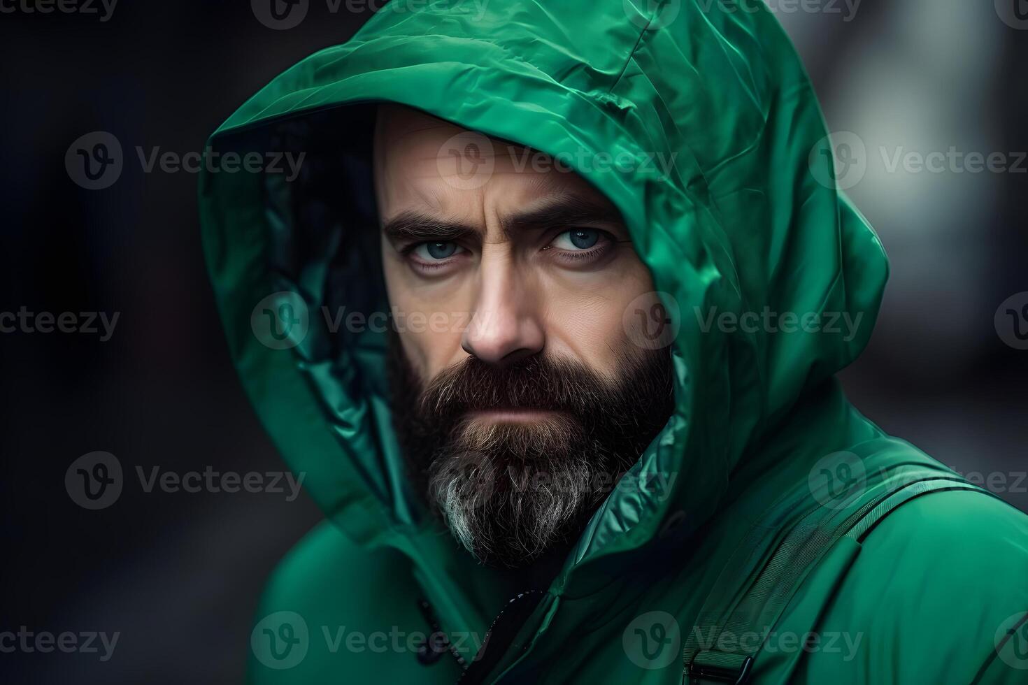 AI generated Men's fashion and beauty. Portrait of a handsome brutal man with a beard and green jacket with a hood. photo