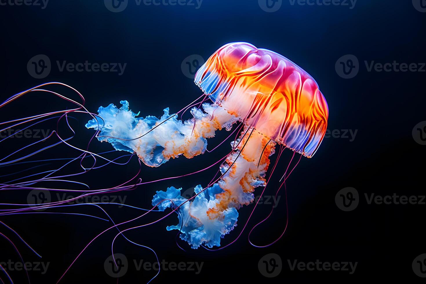 AI generated a jellyfish with a neon body and blue tentacles is swimming in the water deep sea. photo
