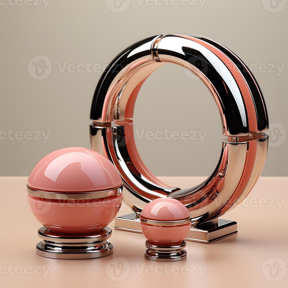 AI generated Three cosmetic product mockups on geometric podiums. Background for presentation of cosmetic. photo