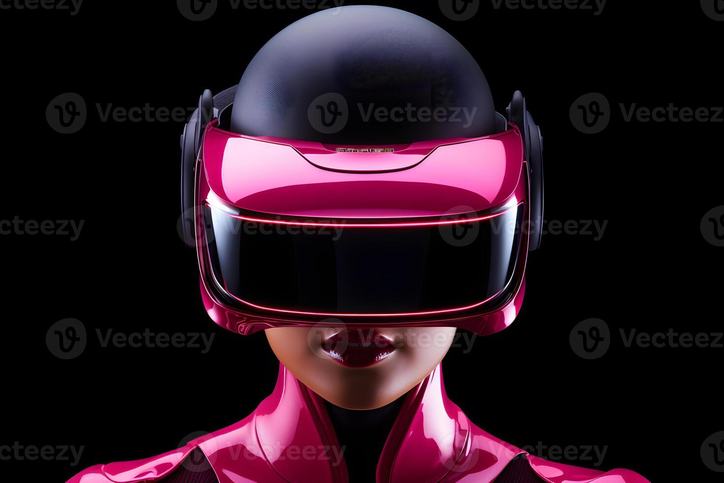 AI generated woman wearing virtual reality helmet on a colored pink background in the studio. Lady in 3d vr glasses with copy space. photo