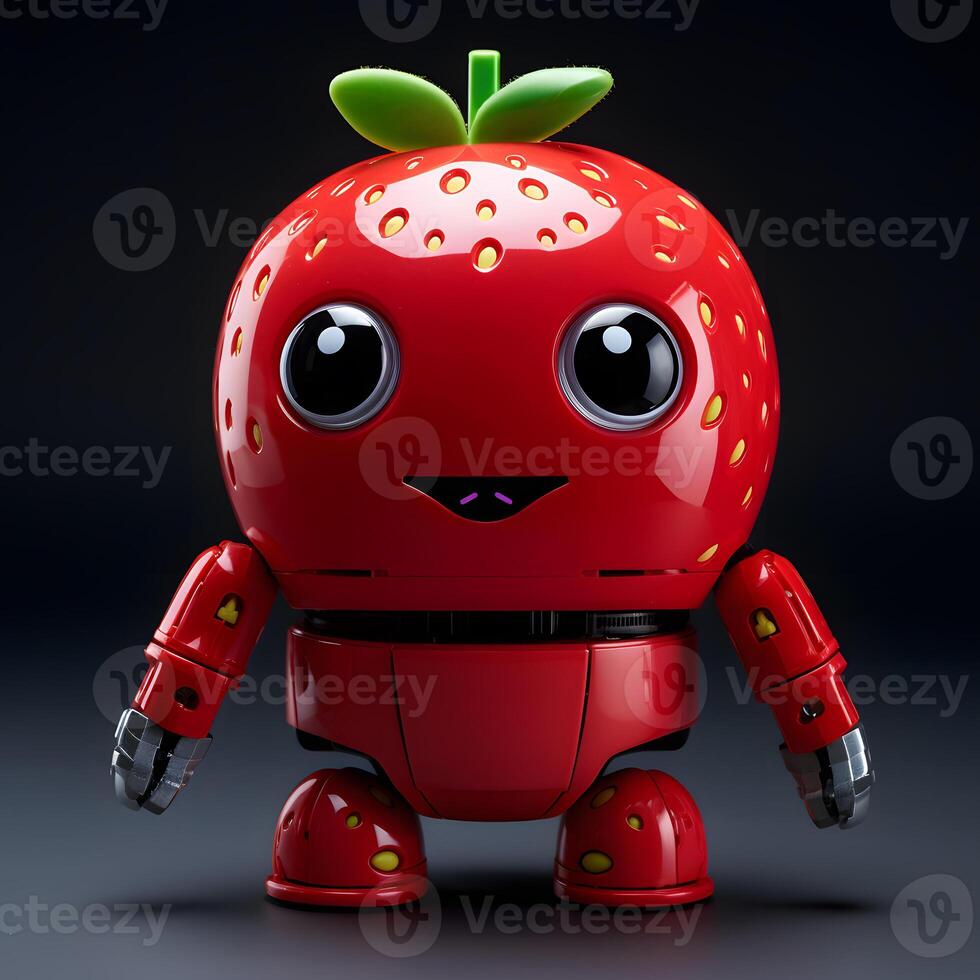 AI generated red robot strawberry standing against black background photo