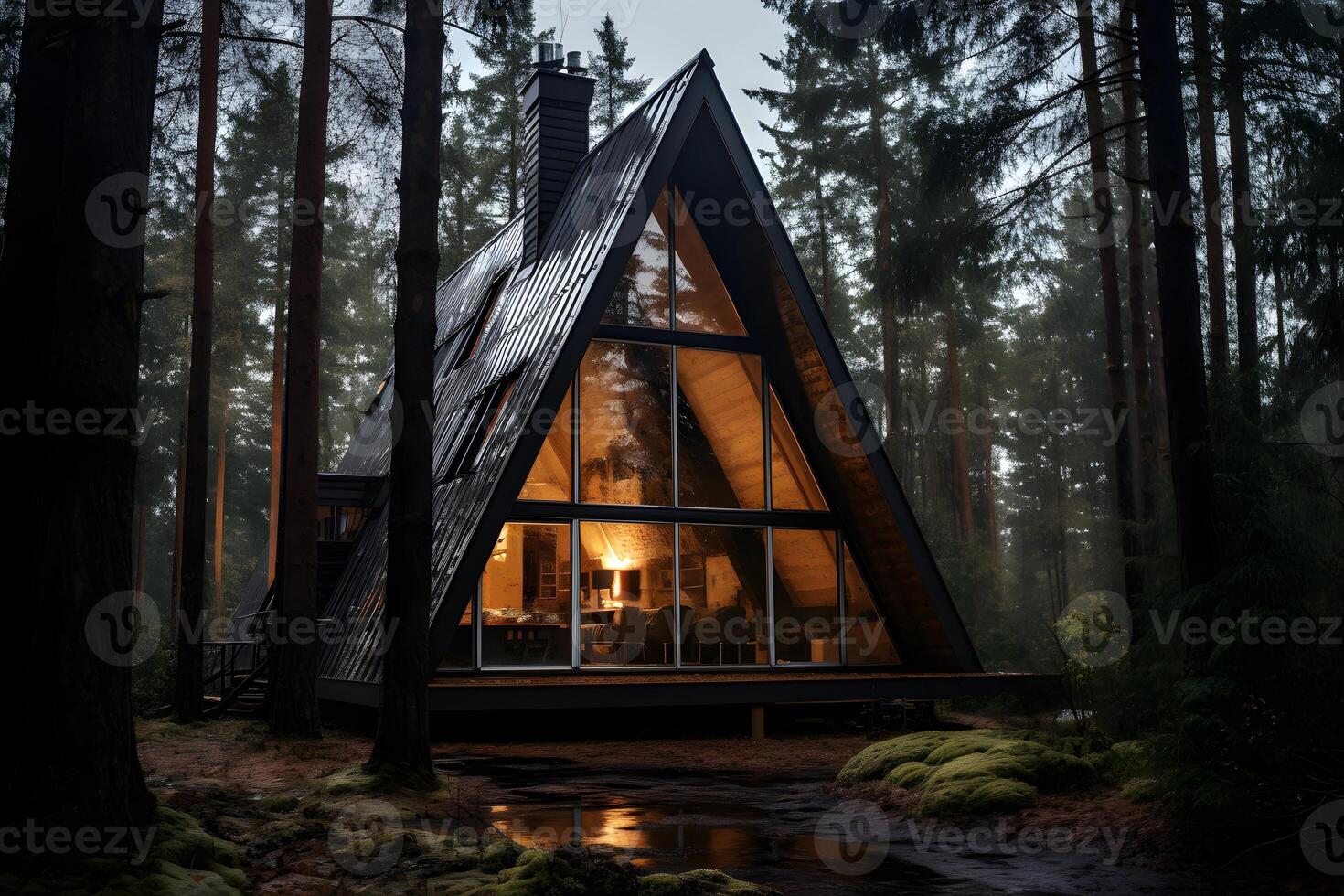 AI generated Modern A-frame house cabin in middle of a forest in the night. photo