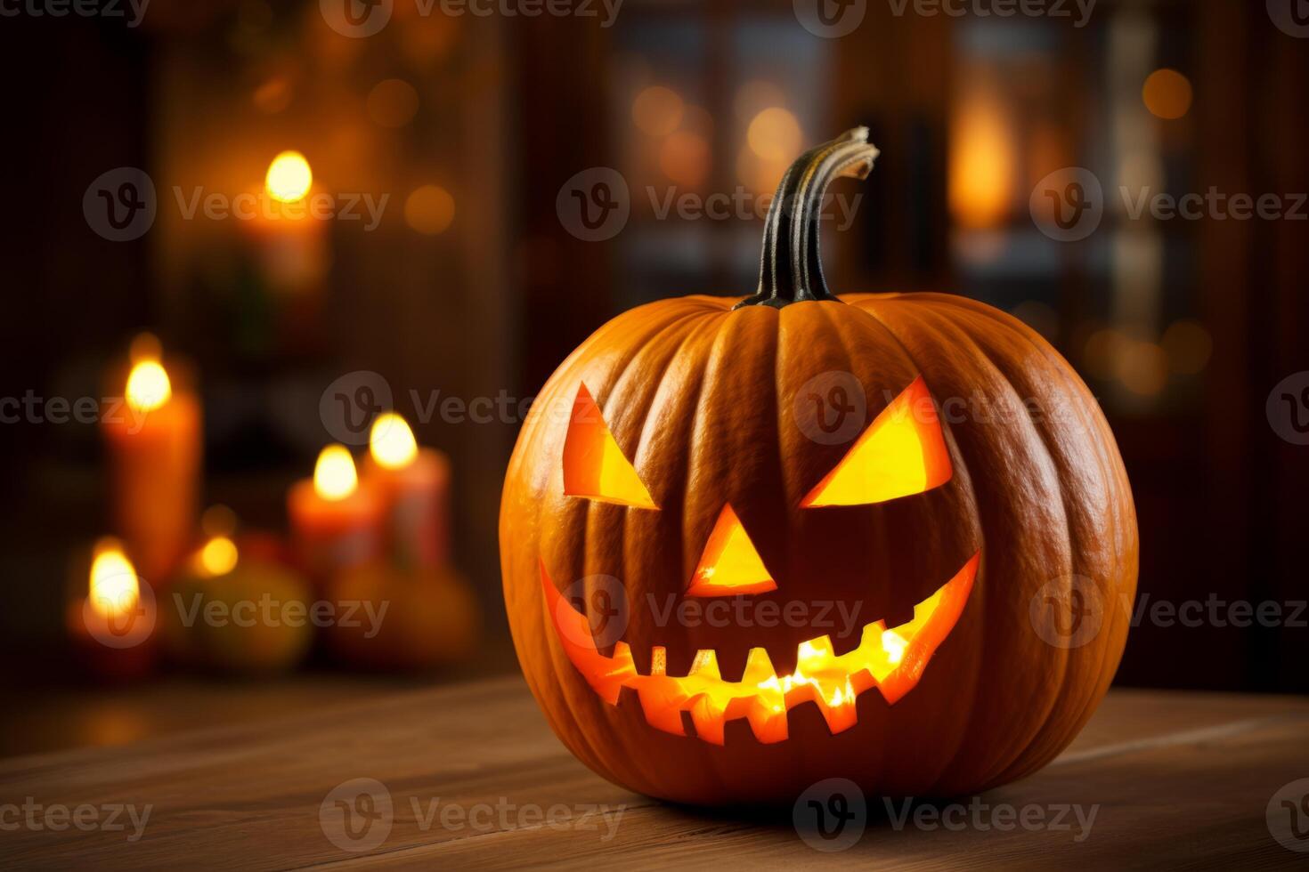 AI Generated Happy Halloween party Jack O Lantern orange pumpkin scary spooky creepy carving evil smile angry face glowing. Trick treat holiday dark mysterious night eerie horror October nightmare photo