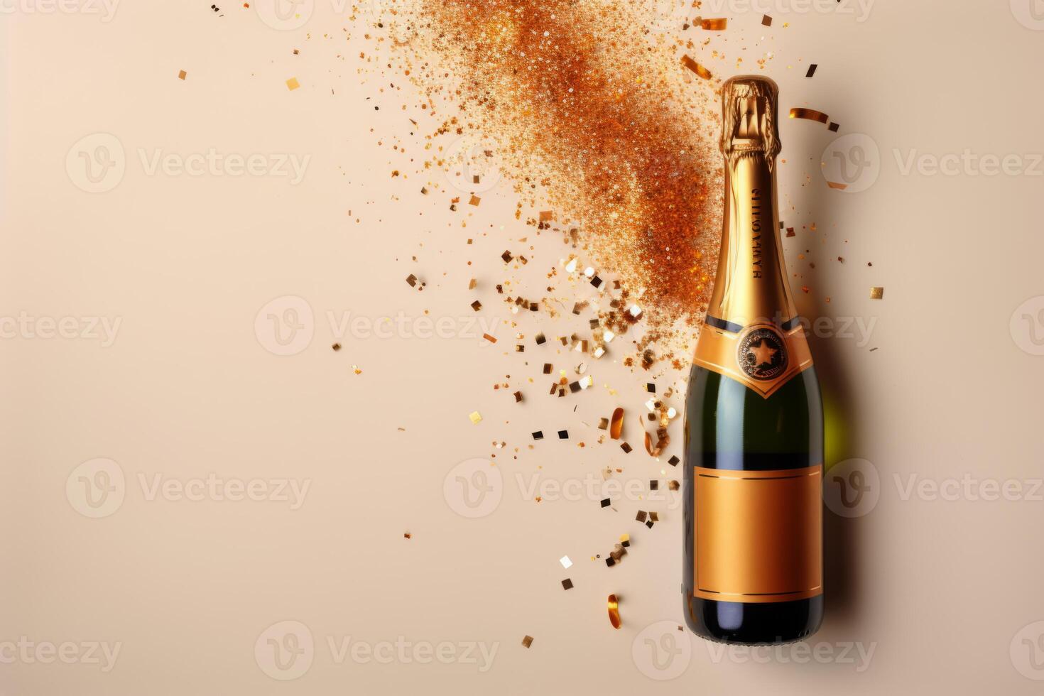 AI Generated Creative Christmas New Year blurred background golden glittering shiny champagne sparkling wine alcohol bottle confetti holidays celebration. Party anniversary cheering greeting photo