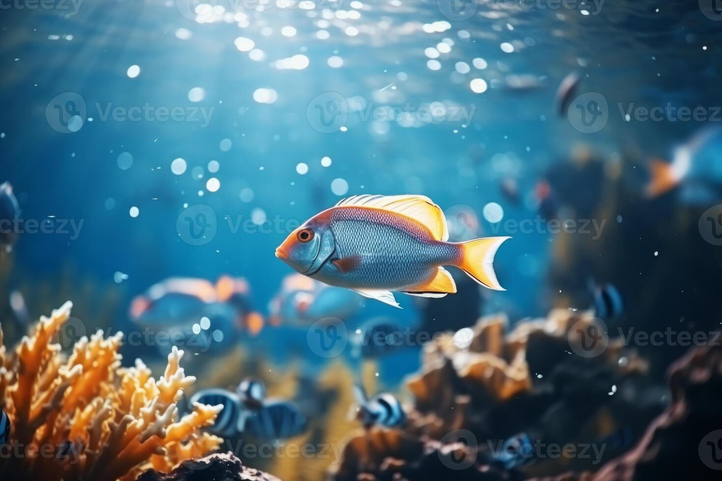 AI Generated Cute colorful group underwater fish sea ocean aquarium beautiful tropical coral reef. Oceanarium animal wildlife marine ecology panorama water nature snorkel diving ecosystem photo