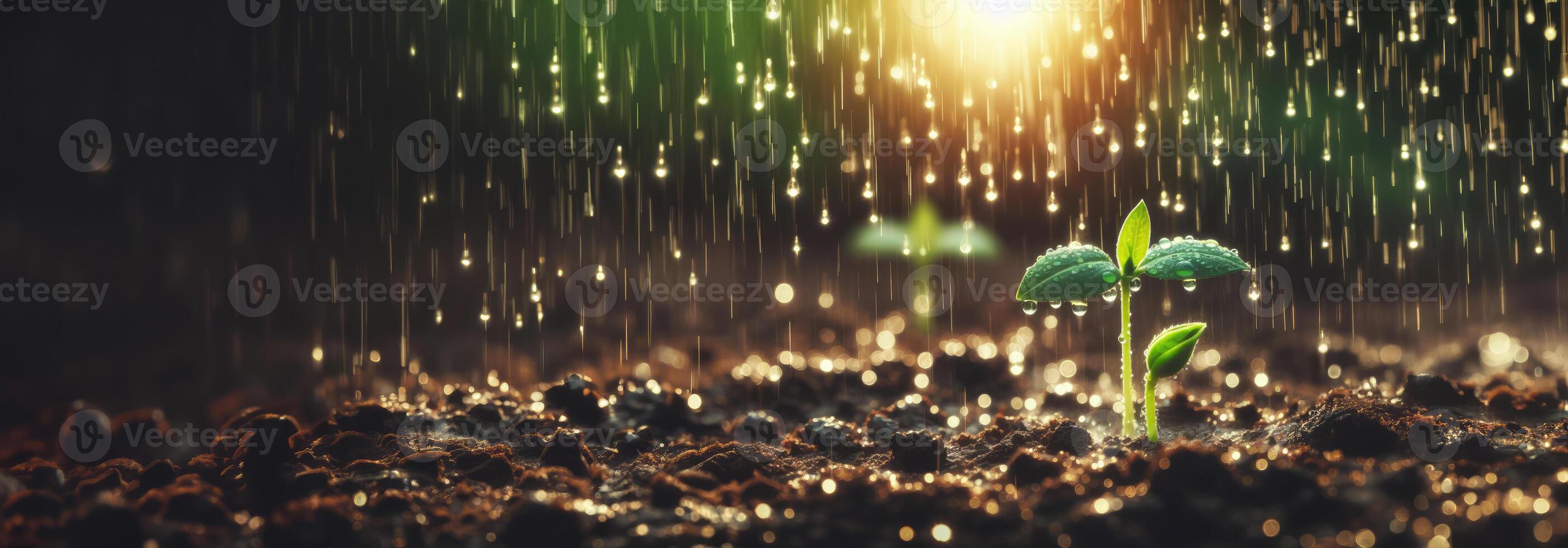 AI generated Watering a young plant in the garden on a sunny day, drops fall on the sprout. Banner photo