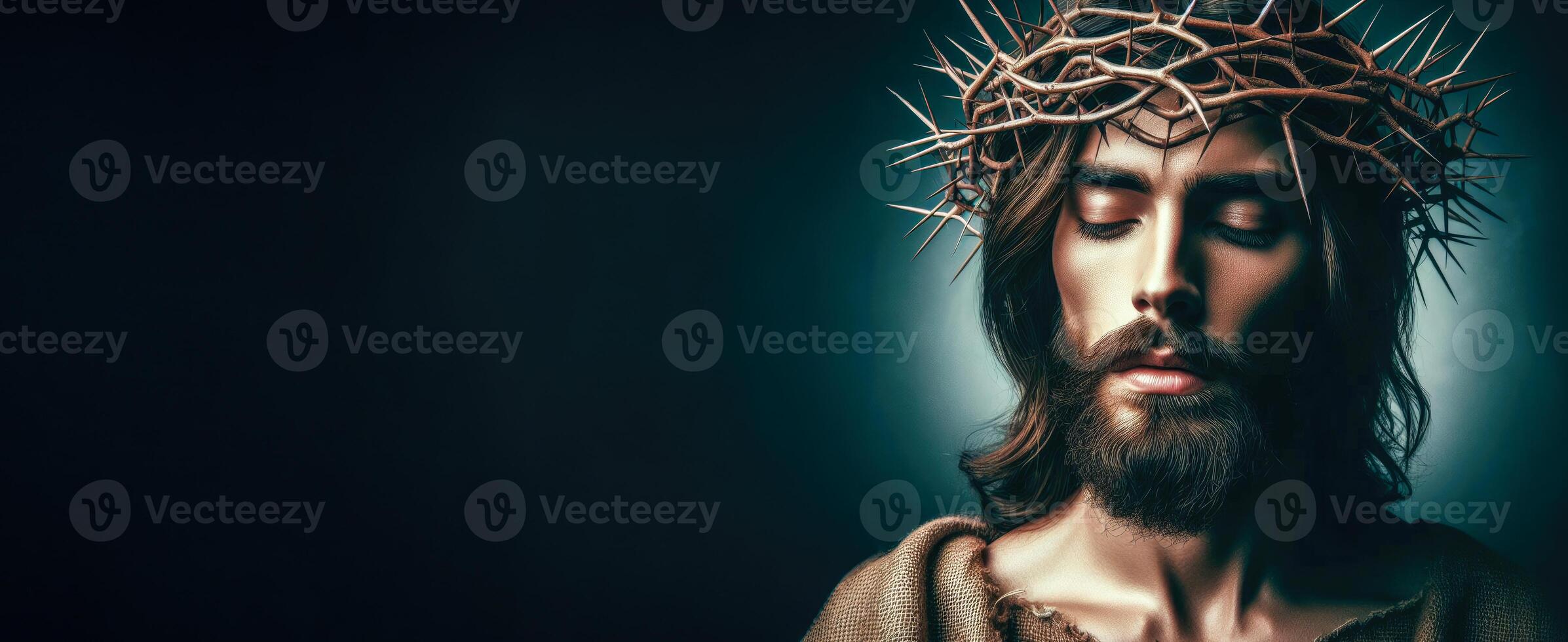 AI generated Jesus Christ wearing a crown of thorns, medium shot portrait in a foggy cloud, banner illustration with copy space. Concept for the religious holiday of Easter photo