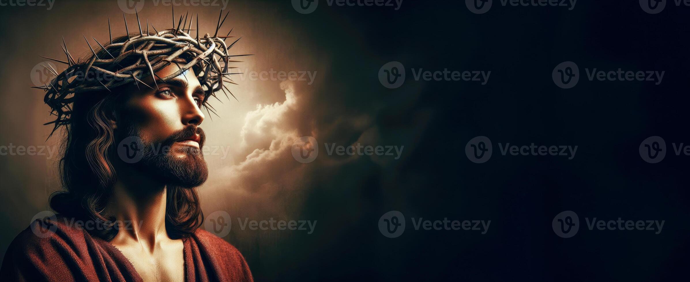 AI generated Jesus Christ wearing a crown of thorns, medium shot portrait in a foggy cloud, banner illustration with copy space. Concept for the religious holiday of Easter photo