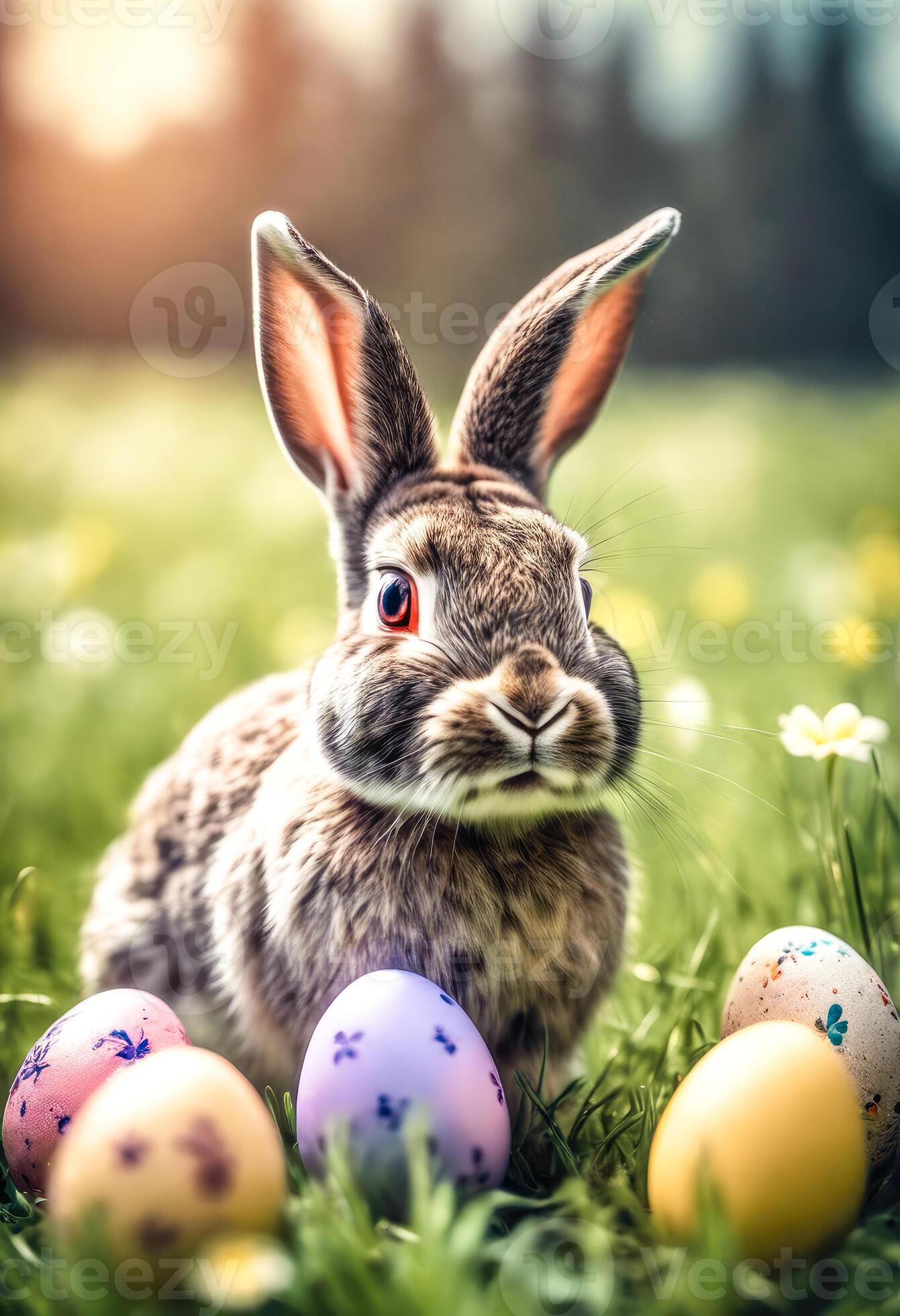 AI generated Easter bunny hides behind blades of grass with an Easter