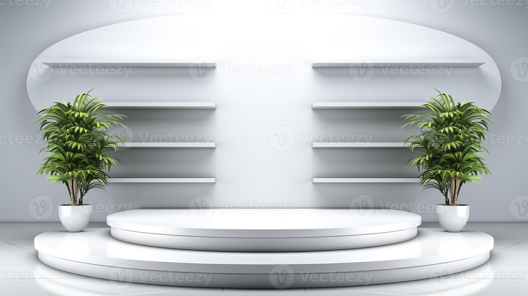 AI generated Modern product display podium with elegant shelves and decorative plants in a sleek design. photo