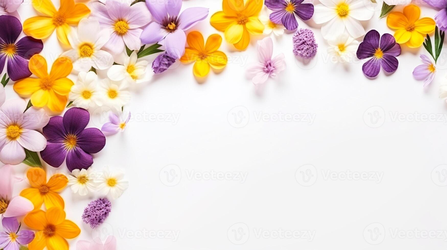 AI generated Spring floral banner with copyspace, mixed blooms in purple and yellow, ideal for weddings and greetings photo