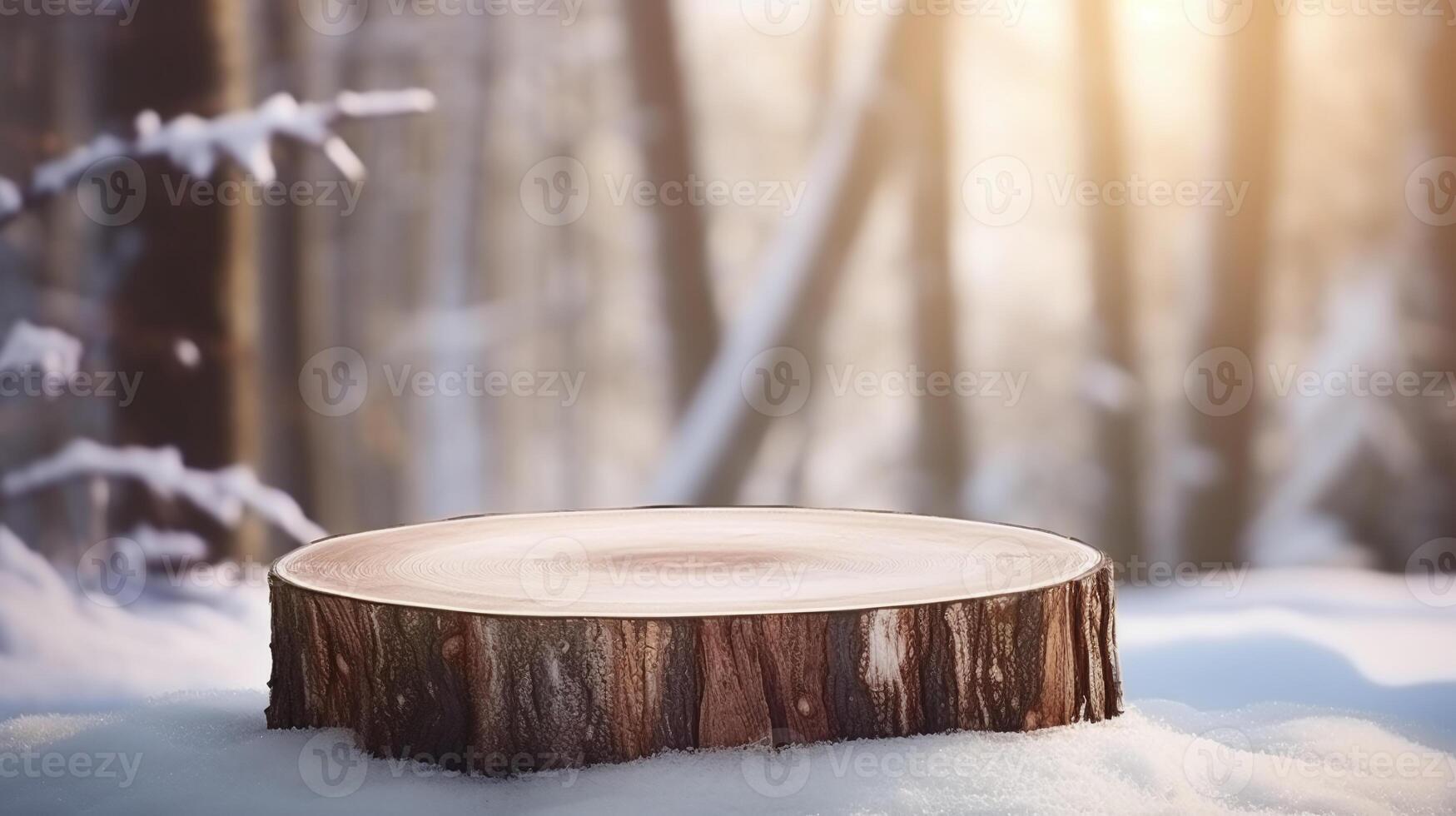 AI generated Stump podium on snowy forest backdrop, ideal for product display, rustic weddings, and nature-themed events. photo